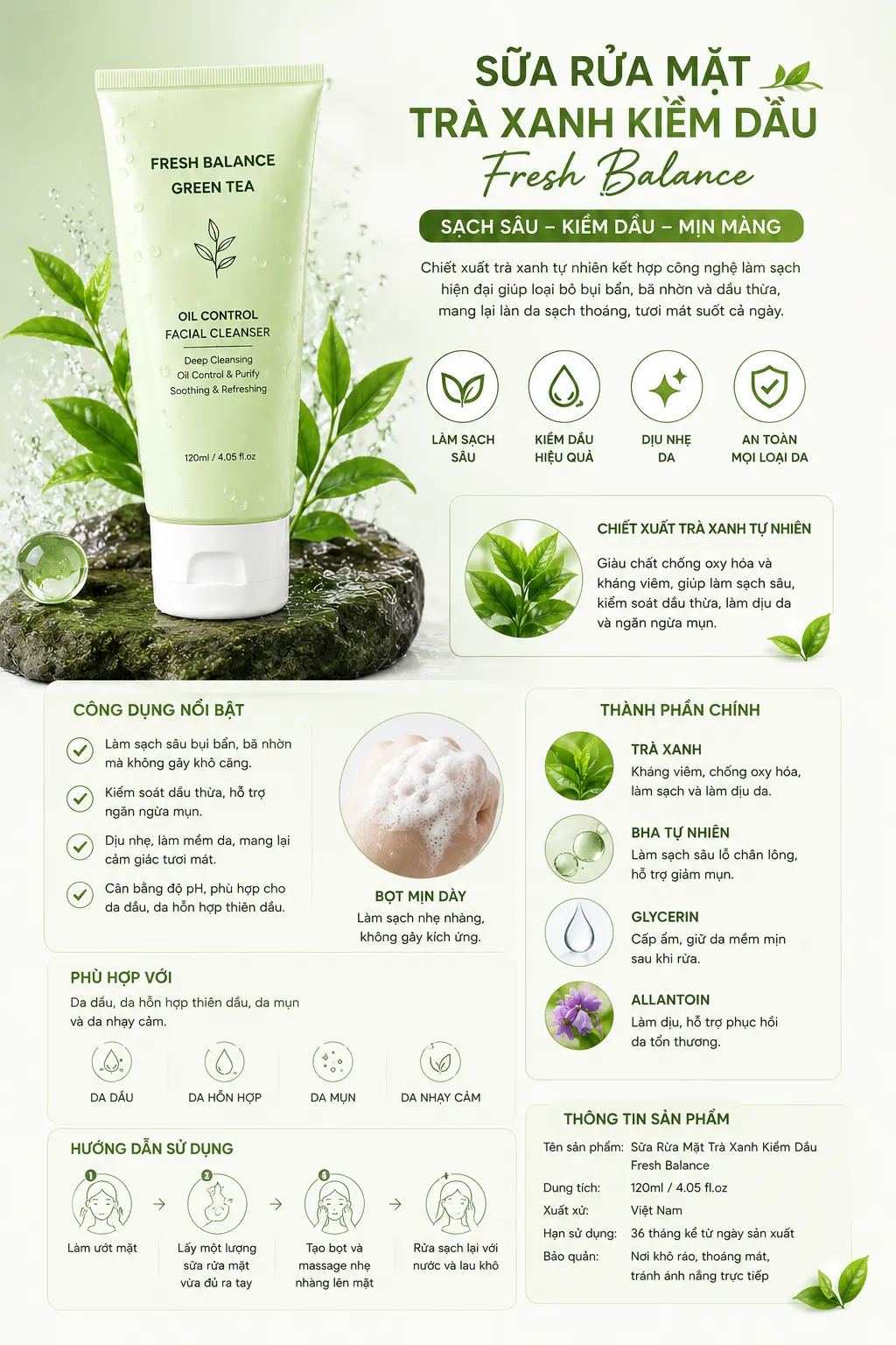 Sữa Rửa Mặt Trà Xanh Kiềm Dầu Fresh Balance 120ml